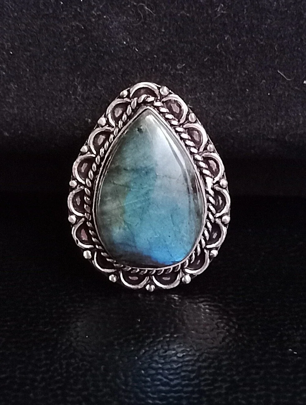 Natural Blue Flash Labradorite Teardrop BOHO Silver Ring Size 7.75
